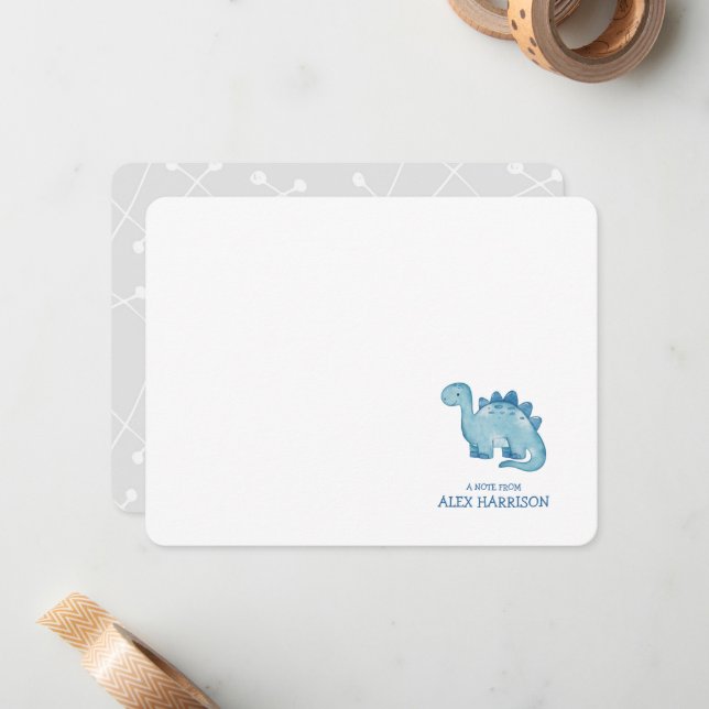 Correspondance Carte de note personnalisée Cute Blue Dinosaur (Devant/Arrière en situation)