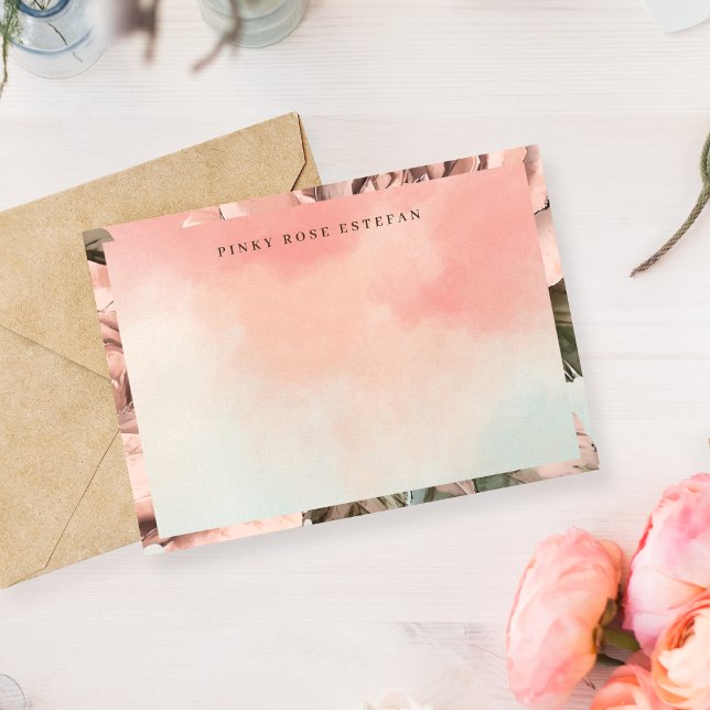 Correspondance Carte de note romantique à l'aquarelle rose tendre (A watercolor garden of roses and pastel skies—crafted for words that bloom with serenity and grace.)