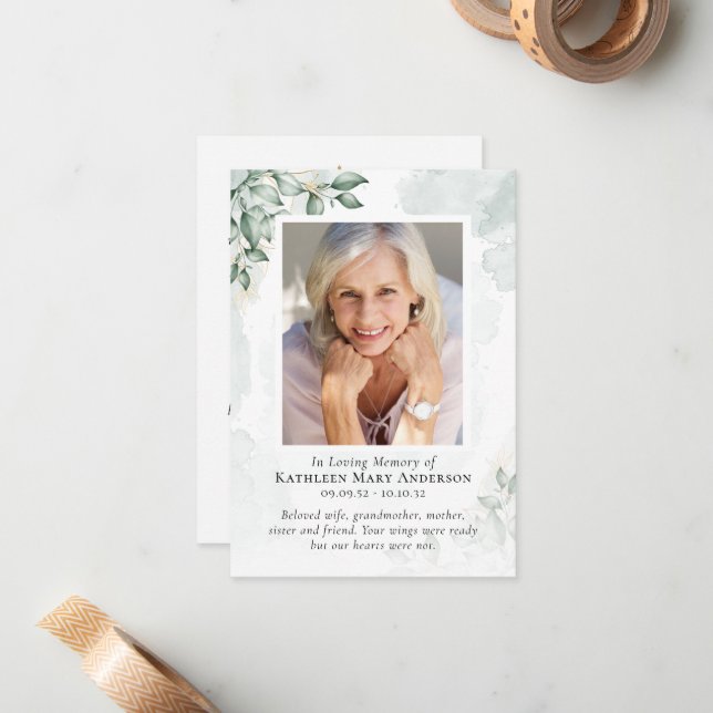 Correspondance Carte de prière commémorative Eucalyptus (Devant/Arrière en situation)