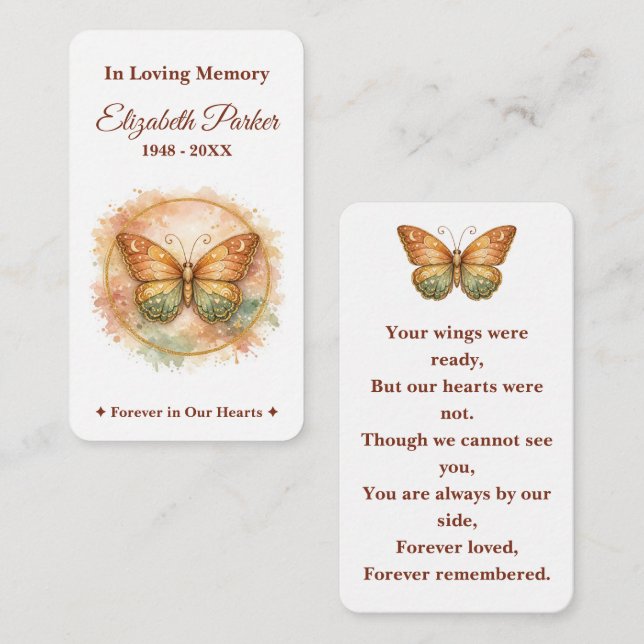 Correspondance Carte de prière mémorielle papillon aquarelle boho (Devant / Derrière)