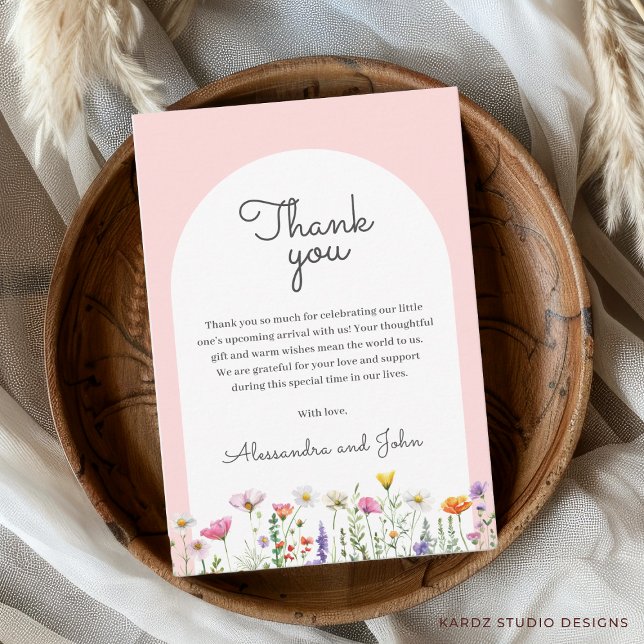 Correspondance Carte de remerciements Baby shower fleur sauvage (Thank you card shown in 3.5 x 5 inches. Add your custom text and choose size, paper and corner style)