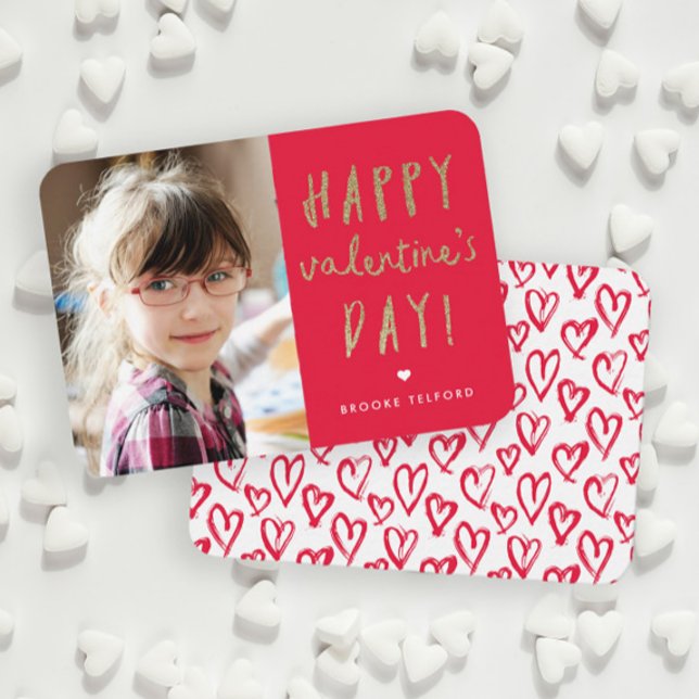 Correspondance Carte de Saint-Valentin pour la classe avec paille (Handwritten gold glitter photo classroom Valentine's Day cards.)