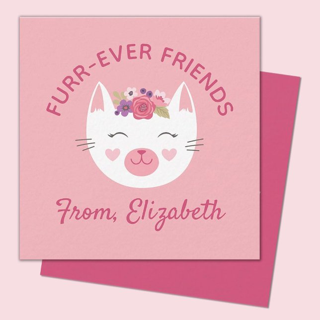 Correspondance Carte d'observation de jour pour enfants Kitty Fac (A cute pink kitty face valentines day mini 2.5x2.5 card. Perfect for a kids classroom exchange.)