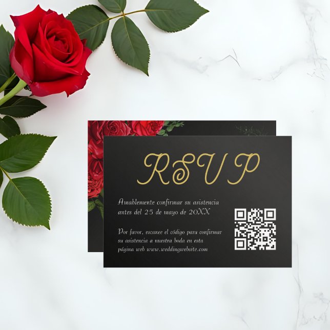 Correspondance Carte RSVP Elegante Boda de Rosas QR Code (Sleek spanish RSVP card with black background and rose accents)