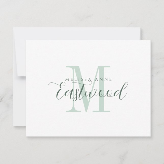 Correspondance Élégant nom de script Monogramme vert carte à note (Devant)
