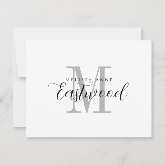 Correspondance Élégante carte à note plat de monogramme gris noir (Devant)