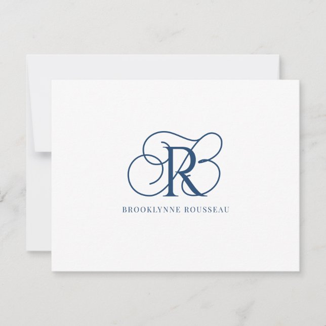 Correspondance Élégante carte de note plat Monogramme Bleu (Devant)