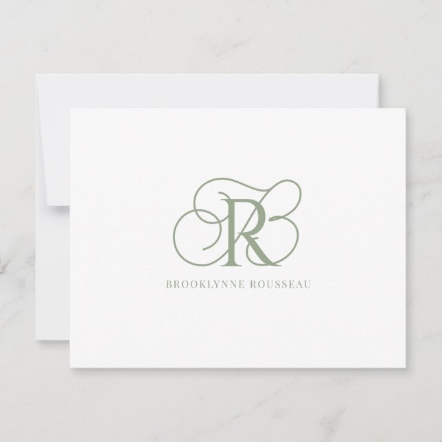 Correspondance Élégante carte de note plat Monogramme vert Sage (Devant)