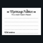 Correspondance Fabriquée Dans Les Cartes De Consei<br><div class="desc">Ces cartes de conseil mariage chéri seront le complément parfait à votre réception de mariage. Ce design combine des polices noires et les mots "Conseil de mariage pour un match fait au Ciel". La carte permet aux clients de laisser leur avis et leur nom.</div>