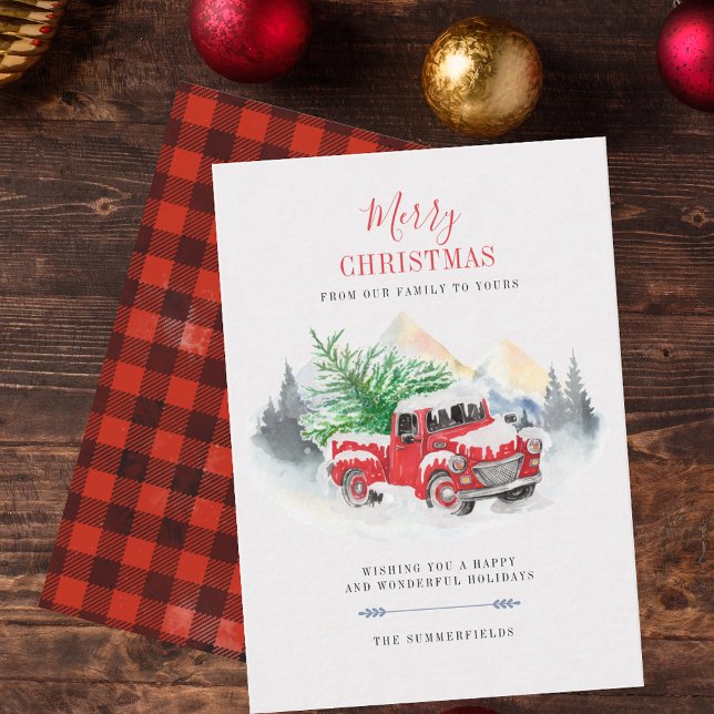 Correspondance Joyeux Noël Rouge Camion Buffalo Carte de famille (Merry Christmas Red Truck Plaid Rustic Red Black Holiday Greetings)