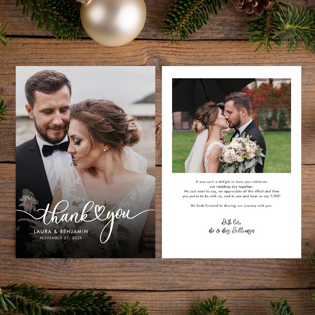 Correspondance Mariage de script moderne 2 Photos Carte de remerc (Wedding 2 Photos Elegant Thank You Card)