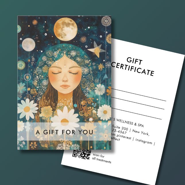 Cosmic Girl Boho Moon Code QR Certificat Cadeau (Cosmic Girl Boho Moon QR Code Salon Gift Certificate Green & Gold)