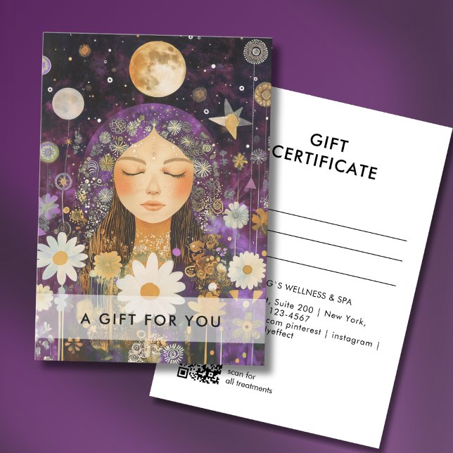 Cosmic Girl Boho Moon Code QR Certificat Cadeau (Cosmic Girl Boho Moon QR Code Salon Gift Certificate Purple & Gold)