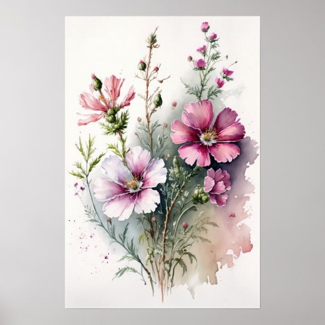 Cosmos rose Fleurs Art Imprimer Poster (Devant)
