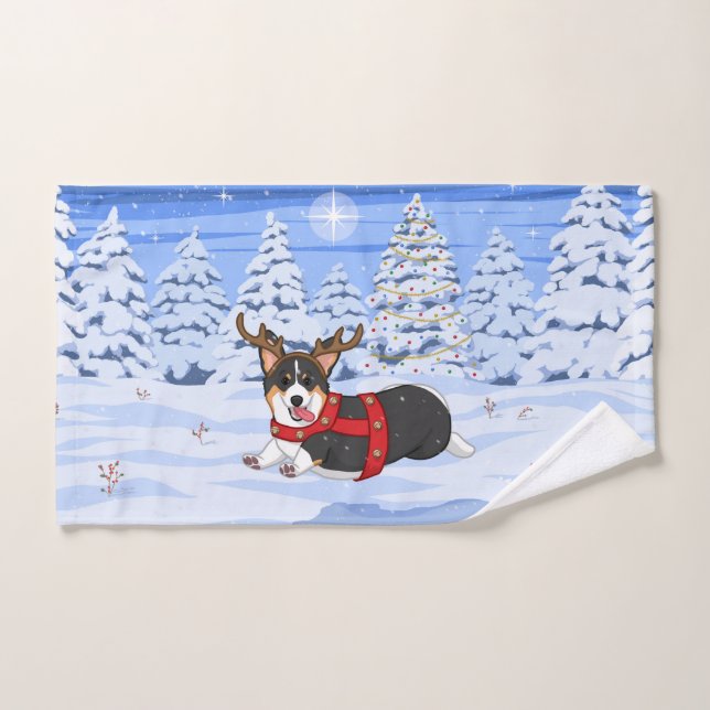 Costume de renne de Noël Corgi noir mignon (Serviette à main)