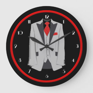 Costume gris homme et Cravate rouge horloge murale