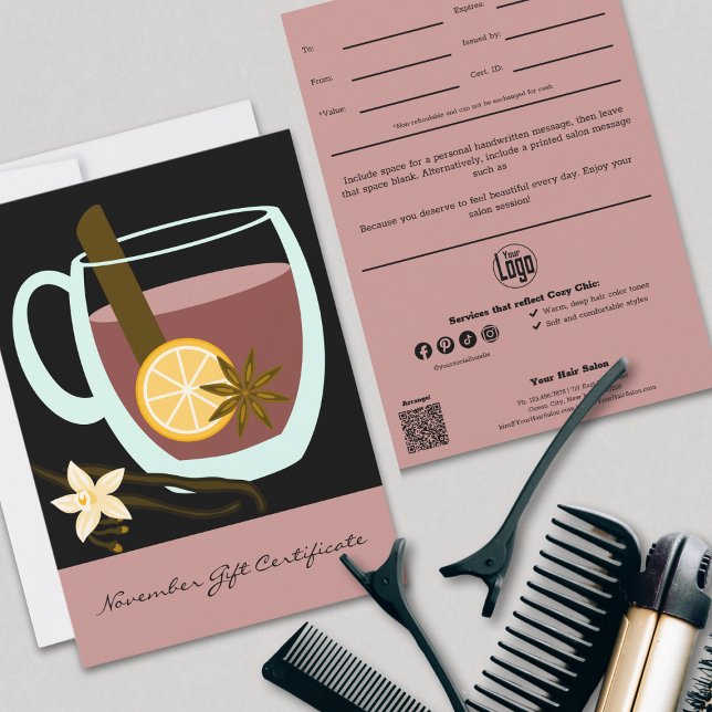 Cosy Chic Rose Noir Novembre Certificat cadeau (Cozy Chic Pink Black November Gift Certificate, Professional Tracking, QR Code, Note)