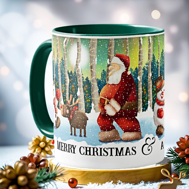 Cosy Christmas Père Noël Mug (Christmas mug featuring an illustration of Santa in the forest with friends reindeer and Snow Man)