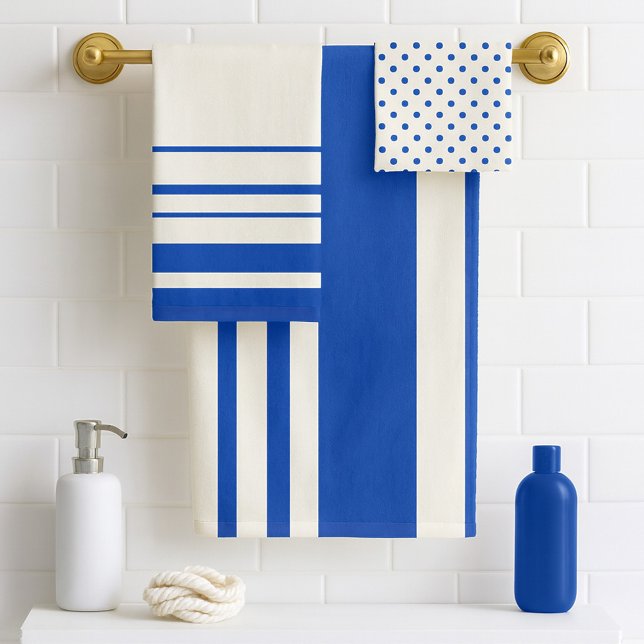 Côte d'Ivoire Bleu Pois (A classic bathroom towel set in ivory and marine blue with stripes and polka dots)