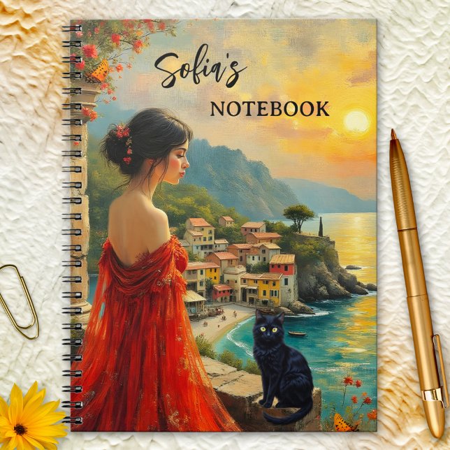 Côte italienne avec Lady et Carnet de chat noir (Italian fine art notebook with lady in red and black cat on a beautiful coast at sunset)
