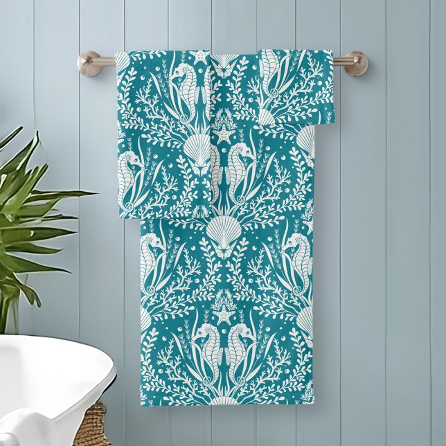 Côtier Damask Seahors Turquoise Bleu Blanc Motif (Créateur téléchargé)
