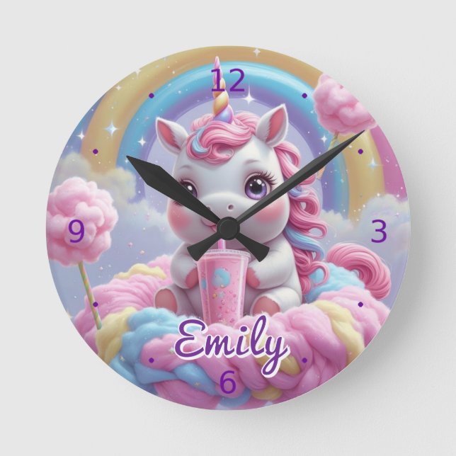 Coton Candy Unicorn Horloge murale - Nom modifiabl (Recto)
