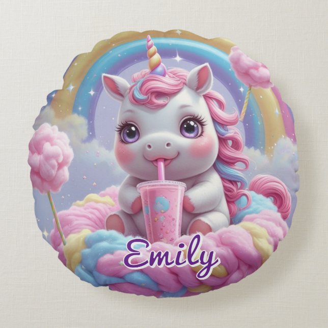Coton rond Bonbon Unicorn Coussin - Nom modifiable (Devant)