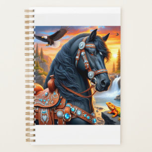 Coucher de soleil du cheval friésien noir