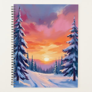 Coucher de soleil enneigé d'hiver   Peinture à l'a