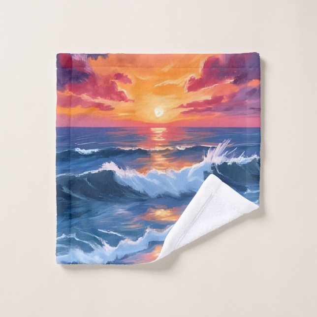 Coucher de soleil océanique Plage Vagues Aquarelle (Gant de toilette)