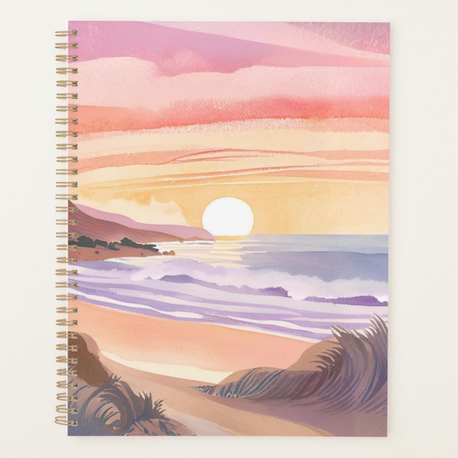 Coucher de soleil sur la mer rose | Peinture aquar (Devant)
