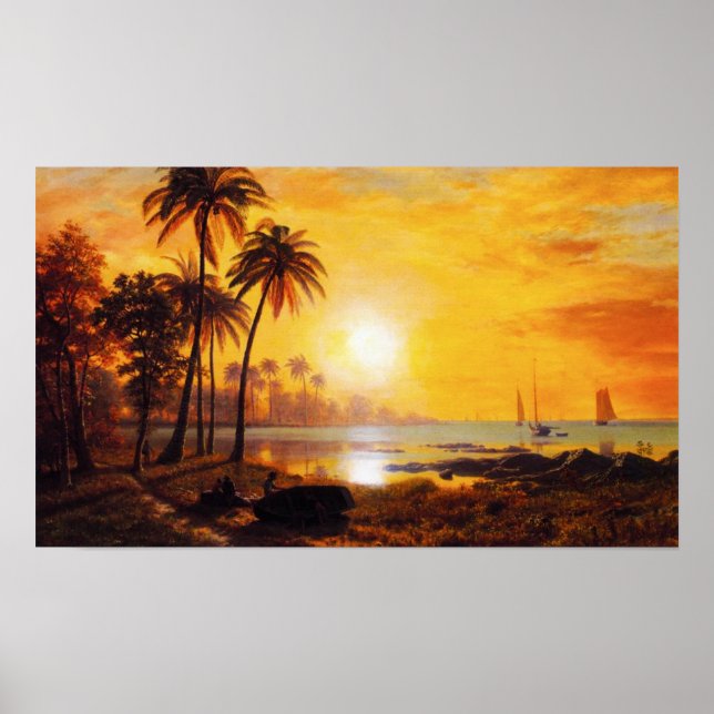 Coucher de soleil tropical avec affiche de bateaux (Devant)