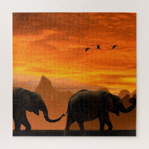 Coucher du soleil du puzzle de la famille des élép