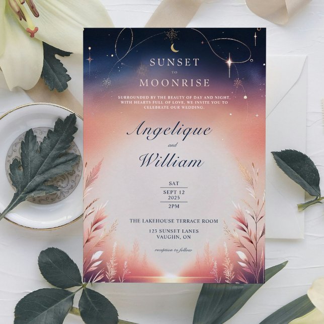 Coucher Du Soleil Sur Le Faire-part de mariage Lun (Celestial theme wedding invitation)
