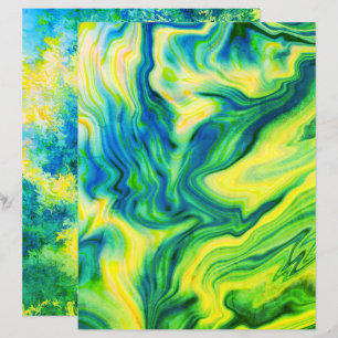Coulée d'acrylique, Bleu, Vert, Jaune / Papier Scr