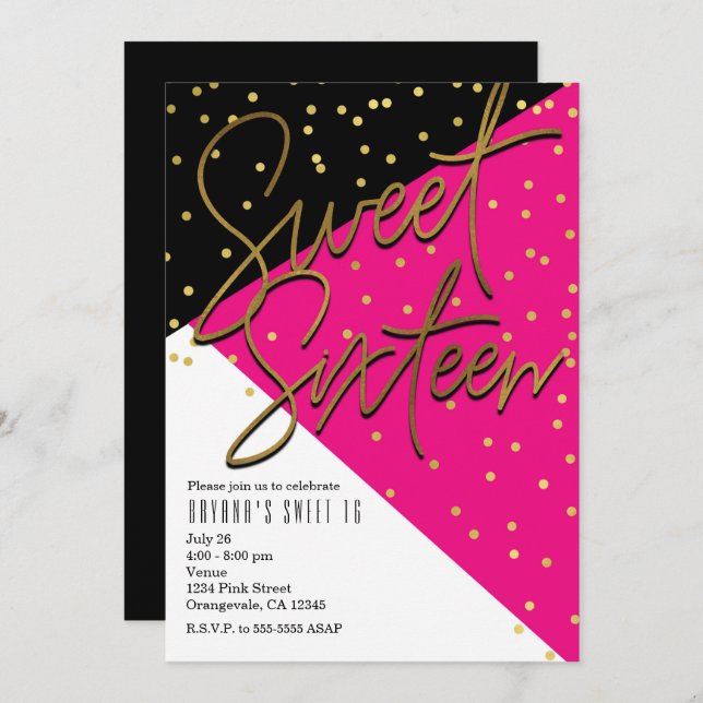 Couleur Bloc rose Black Gold Sweet 16 Invitations (Devant / Derrière)