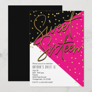 Couleur Bloc rose Black Gold Sweet 16 Invitations
