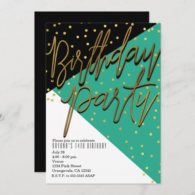 Couleur Bloc Turquoise Black Gold Invitations d'an (Devant / Derrière)