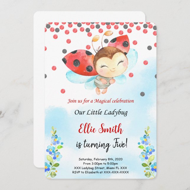 Couleur de l'eau Ladybug Invitation d'anniversaire (Devant / Derrière)