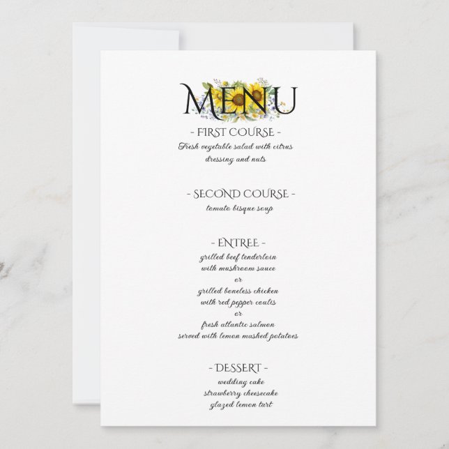 Couleur de tournesol menu mariage rustique (Devant)