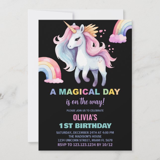 Couleur d'eau Rainbow Unicorn Invitations d'annive (Devant)