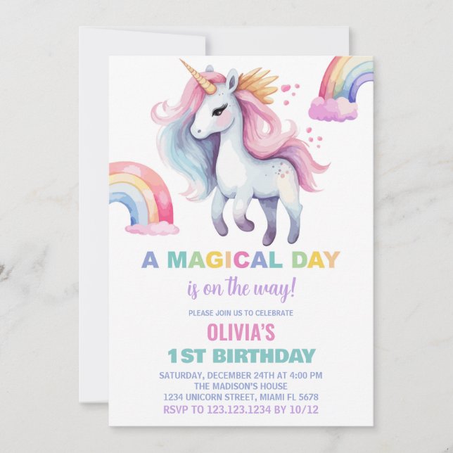 Couleur d'eau Rainbow Unicorn Invitations d'annive (Devant)