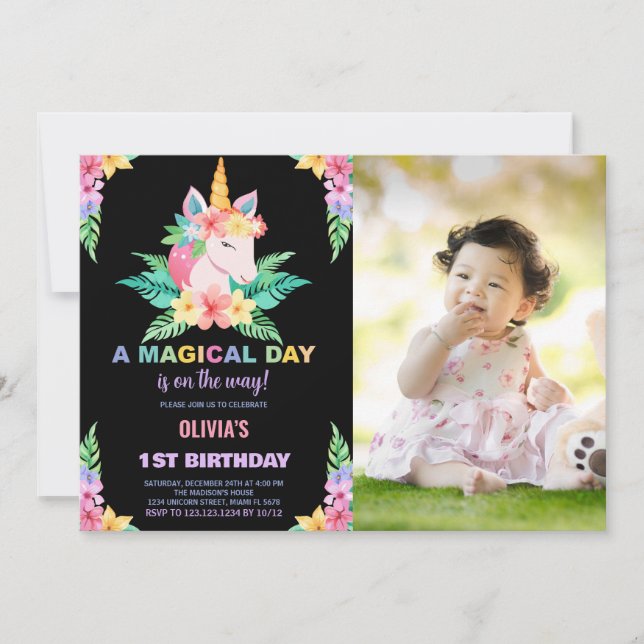 Couleur Floral Unicorn Anniversaire Invitations ph (Devant)