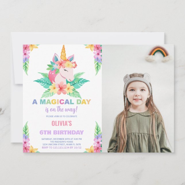 Couleur Floral Unicorn Anniversaire Invitations ph (Devant)