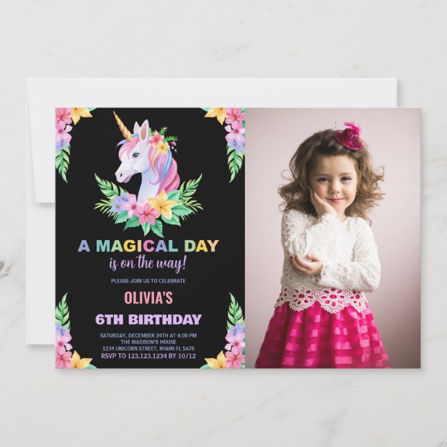 Couleur Floral Unicorn Anniversaire Invitations ph (Devant)