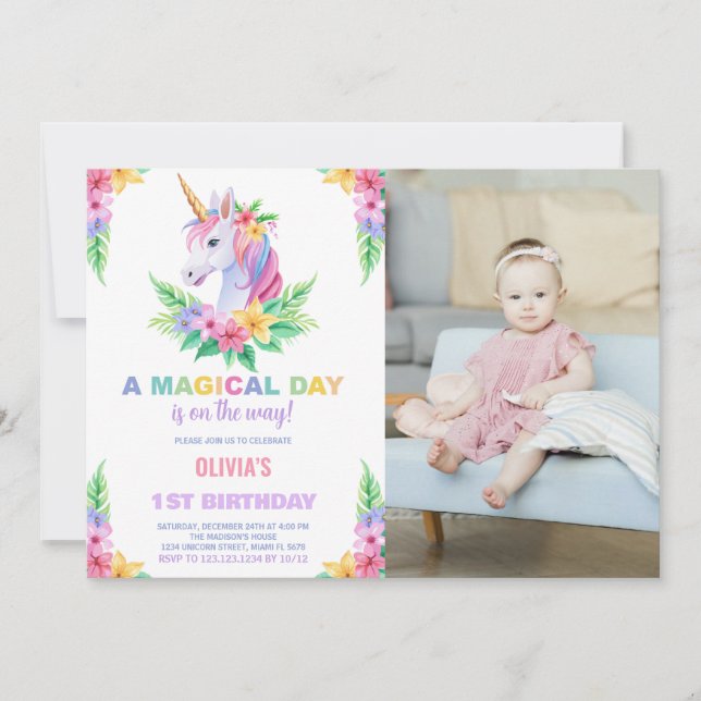 Couleur Floral Unicorn Anniversaire Invitations ph (Devant)