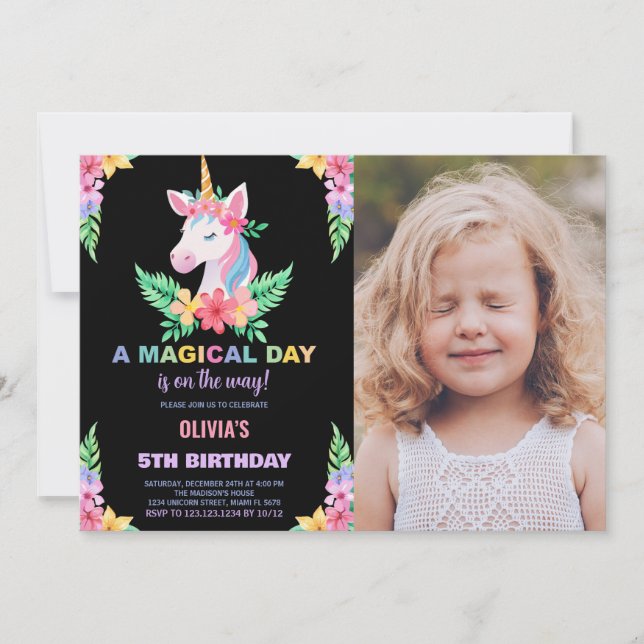 Couleur Floral Unicorn Anniversaire Invitations ph (Devant)