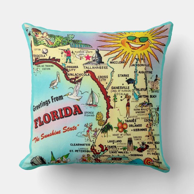 Couleur Retro Florida Carte Jeter Oreiller (Recto)
