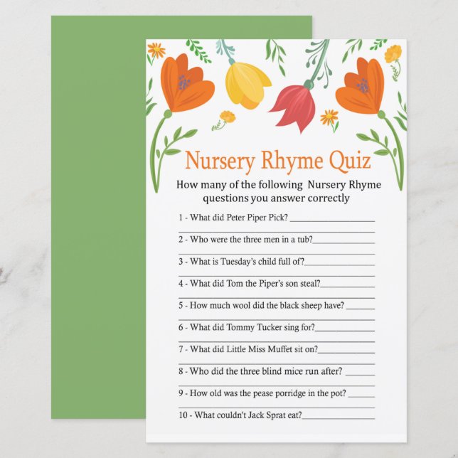 Couleur tulipes Nursery Rhyme Quiz jeu de baby sho (Devant / Derrière)