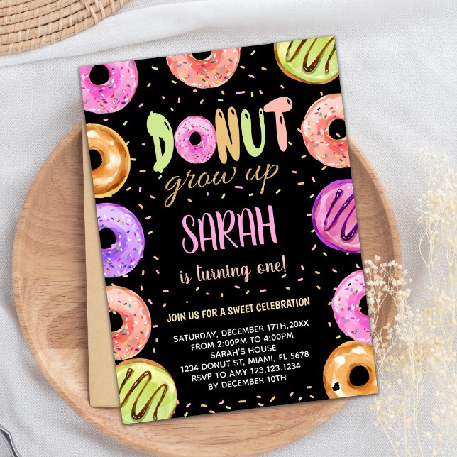 Couleurs claires Noir Donut Invitations Anniversai (Light Colors Black Donut Birthday Invitations)